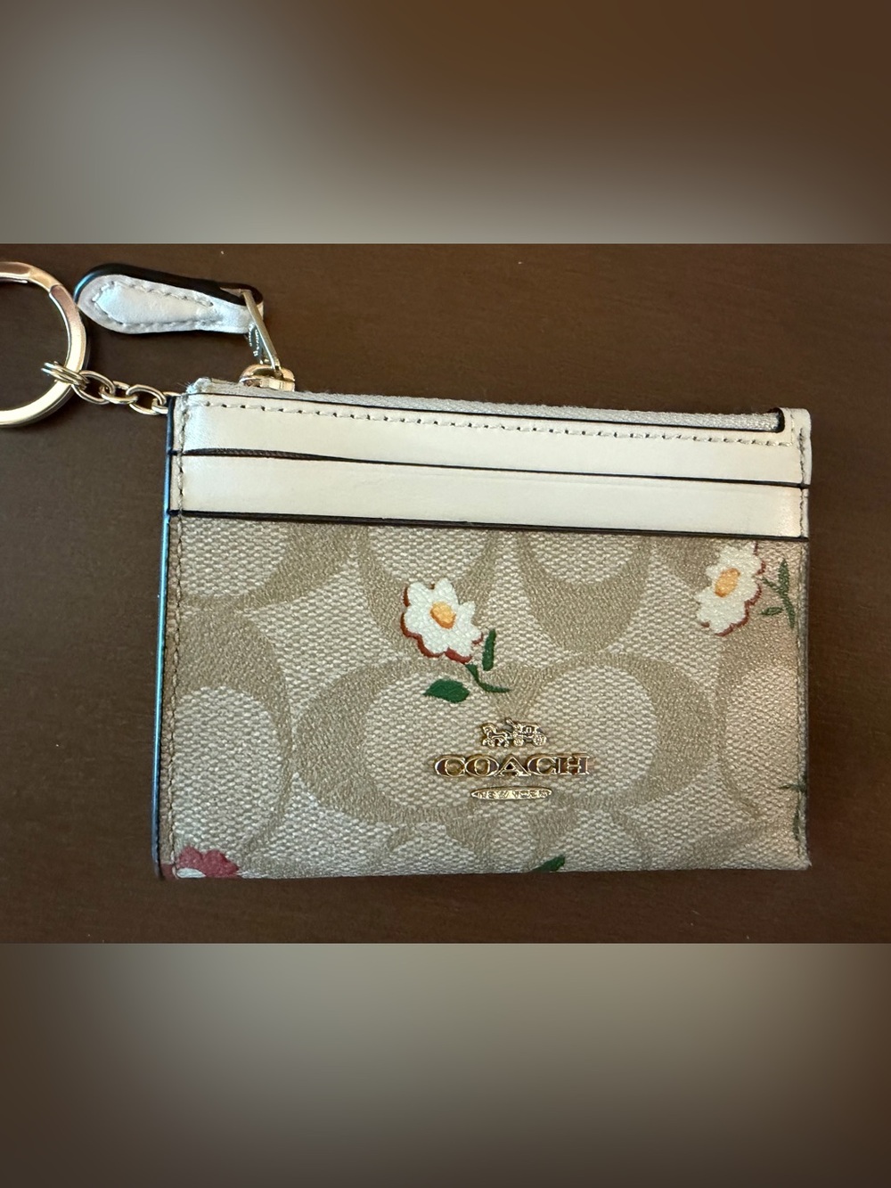 Coach Beige Floral Signature Zip Card Case Keyring with Chalk Trim